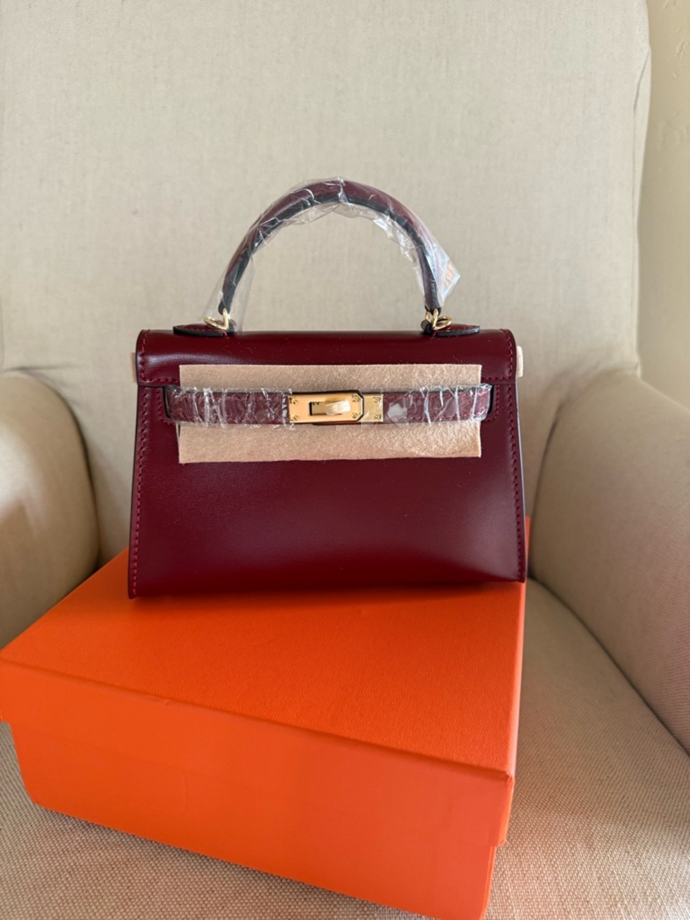 Mini Burgundy Top Handle Bag - Top Grain Leather - Gold Hardware